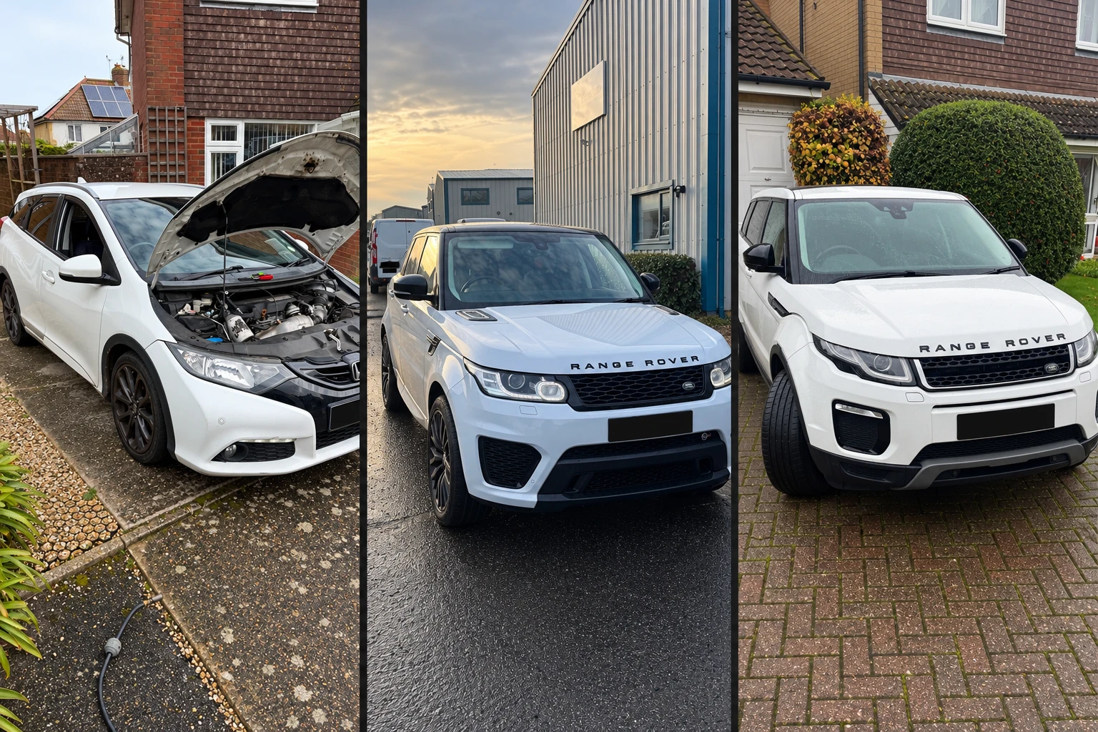 DPF cleaning visits: Honda and two Range Rovers, with number plates covered