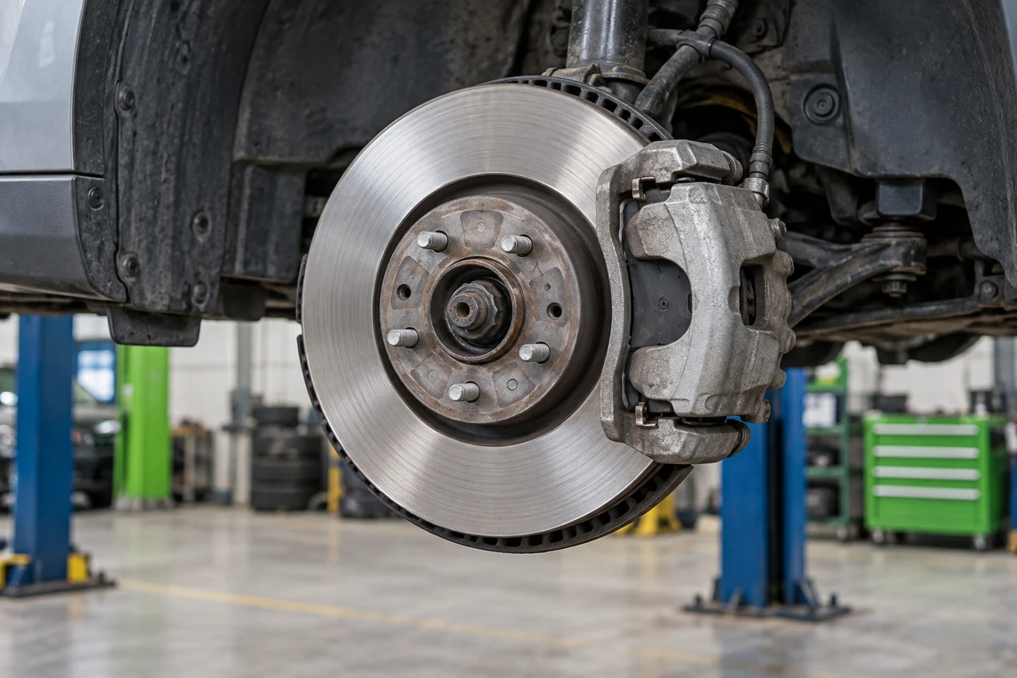 Illustration of a car brake disc and caliper with the wheel removed