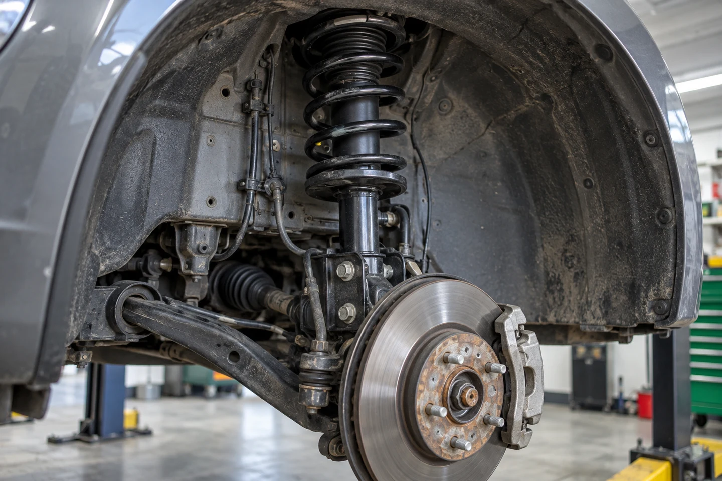 Illustration of a suspension spring, shock absorber and control arm